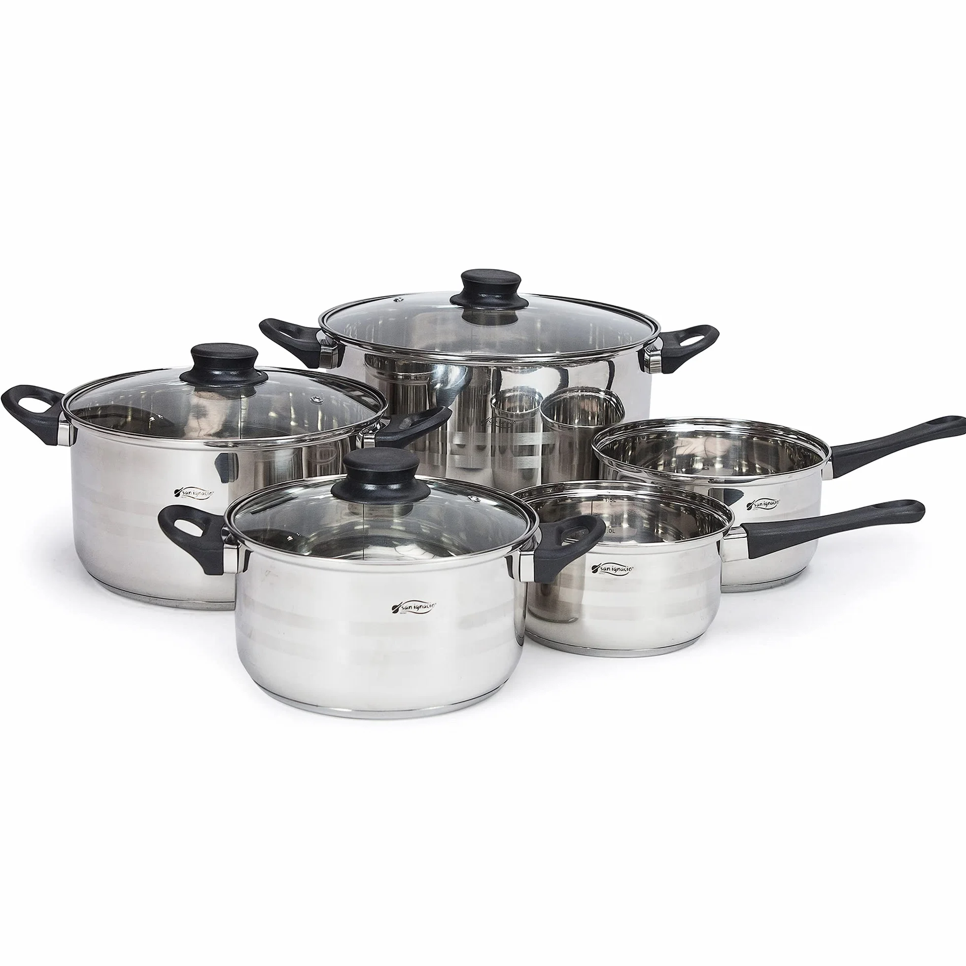 San Ignacio Bateria de cocina 8 piezas acero inoxidable, con juego de sartenes Premium (20 y 24 cm) en aluminio forjado, inducción