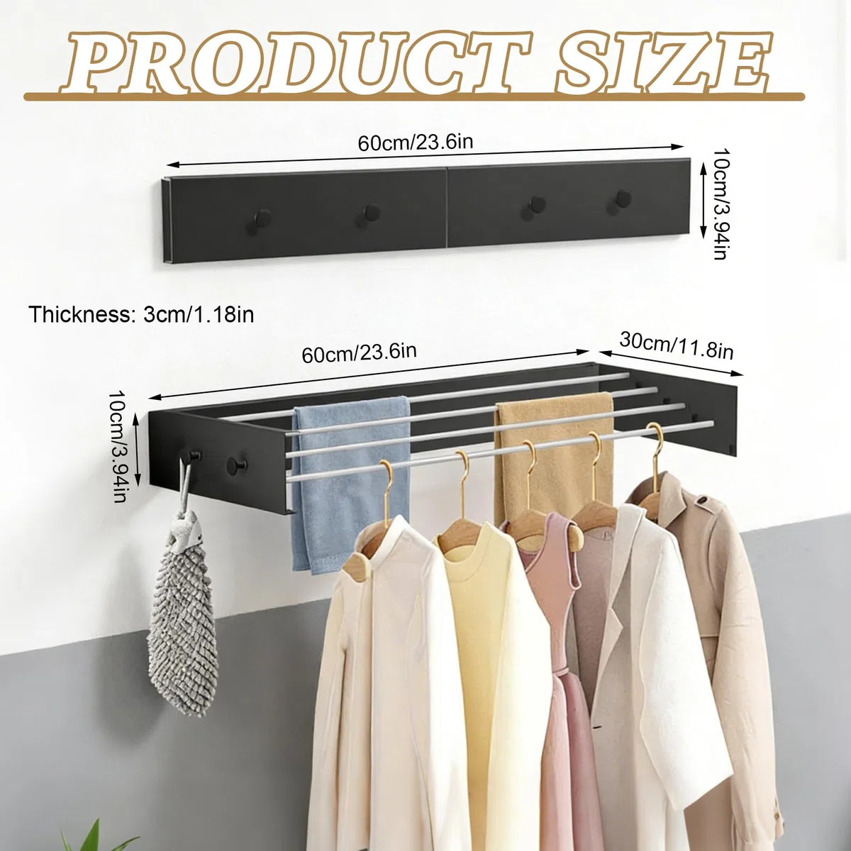 Tendedero de pared, con ganchos de actualización, fácil tendedero de pared, plegable, para interior o exterior, secadora de pared extensible para balcón (60 cm con 4 ganchos, negro)