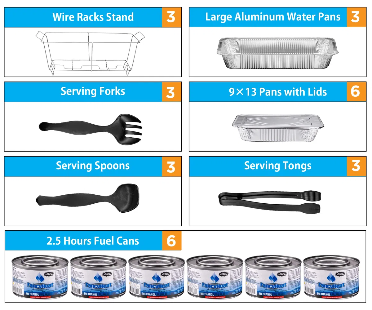 Juego de platos desechables para bufé, calentadores de alimentos para fiestas, 33 piezas completas de servidores de rozaduras con cubiertas, suministros de catering con sartenes de tamaño completo (9
