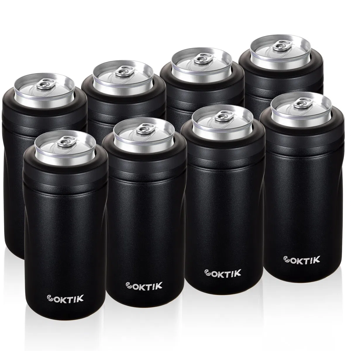 COKTIK Enfriador de latas aislado 5 en 1, paquete de 8 enfriadores de latas delgados de doble pared para latas regulares o delgadas de 12 onzas y 16 onzas y botella de cerveza (negro)
