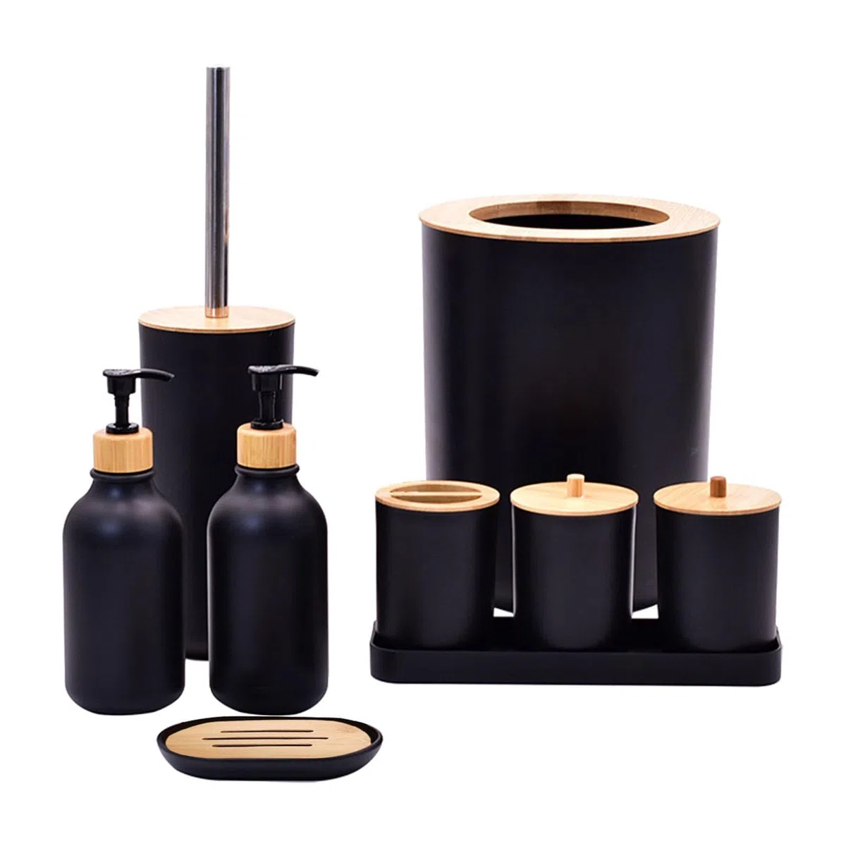 11 Piezas Dispensador de Jabón Set de Accesorios para Baño con Contenedor para Bastoncillos Jabonera Porta Cepillos de Dientes Y Cubeta Adecuado para, Negro, Individual