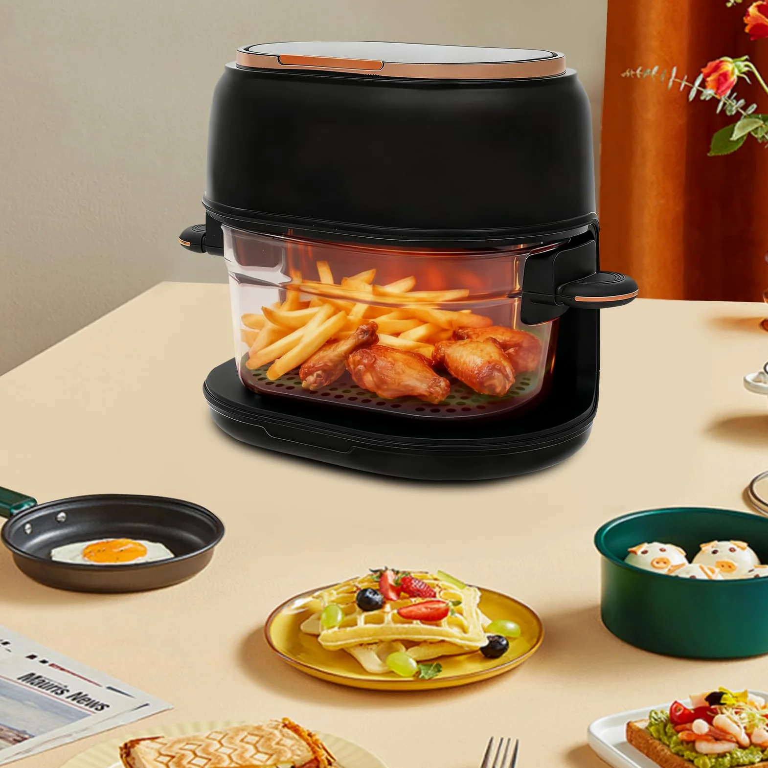 Freidora de aire caliente de 4 L con pantalla táctil y cesta de cristal visible, 1350 W, 220-240 V, 140-374 F, temporizador de 24 horas, freidora de aire caliente multifuncional para familia, patatas