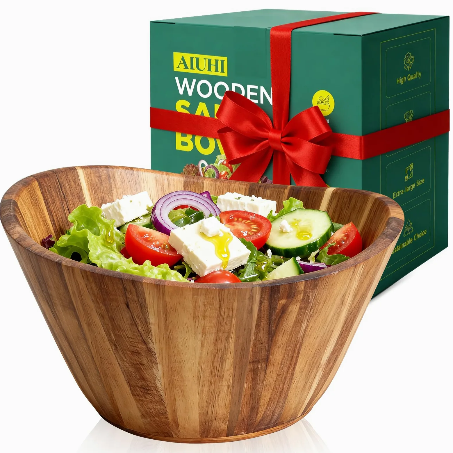 AIUHI Cuenco de madera de acacia de 12 pulgadas, regalo de Navidad, impresionante grano, perfecto para reuniones de Navidad, Acción de Gracias, decorativo para cocina, ideal para ensaladas, aperitivos