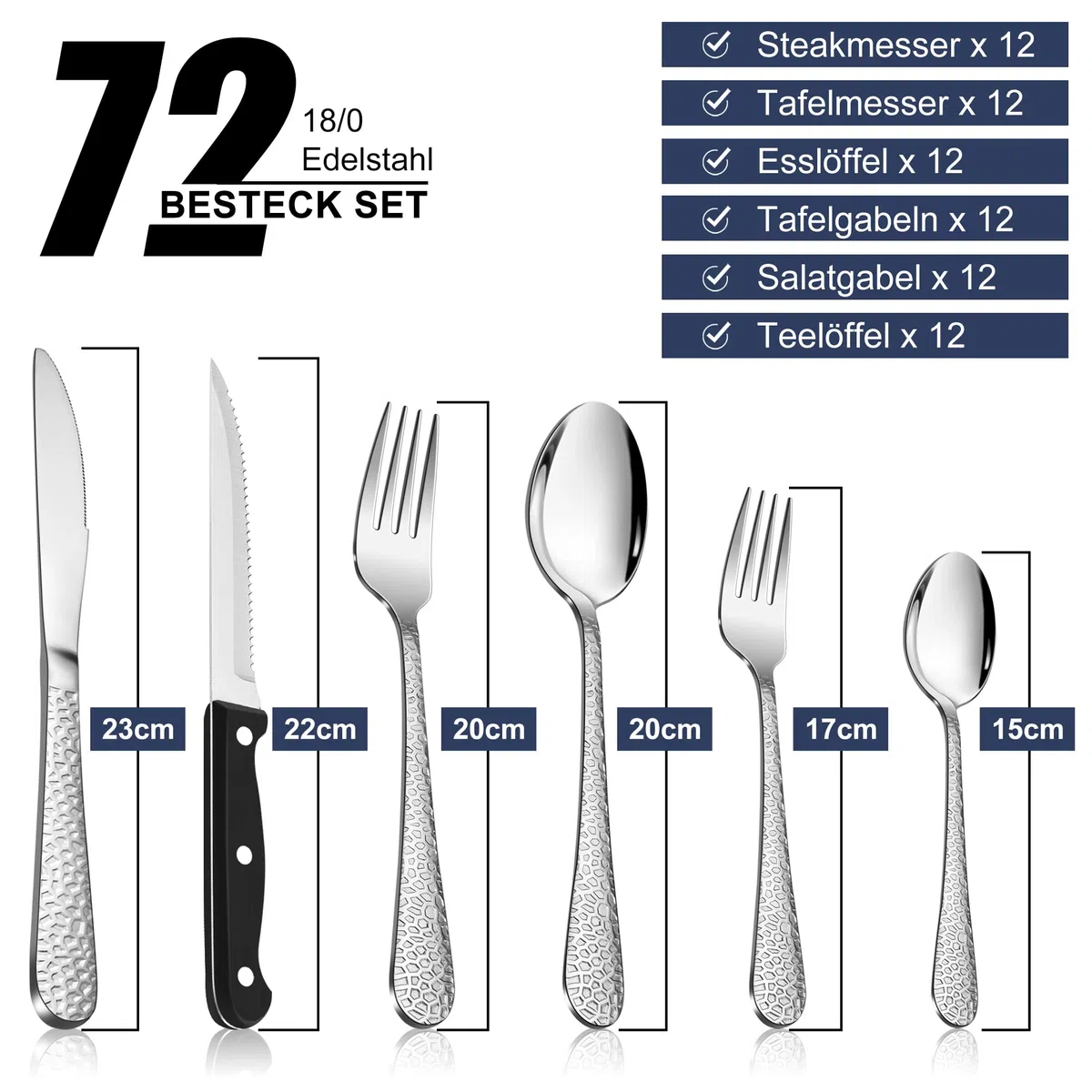 HaWare Juego de cubiertos de acero inoxidable de 72 piezas con cuchillo de carne para 12 personas, moderno juego de cubiertos con mango de martillo, cuchillo, tenedor y cuchara, para casa/restaurante,