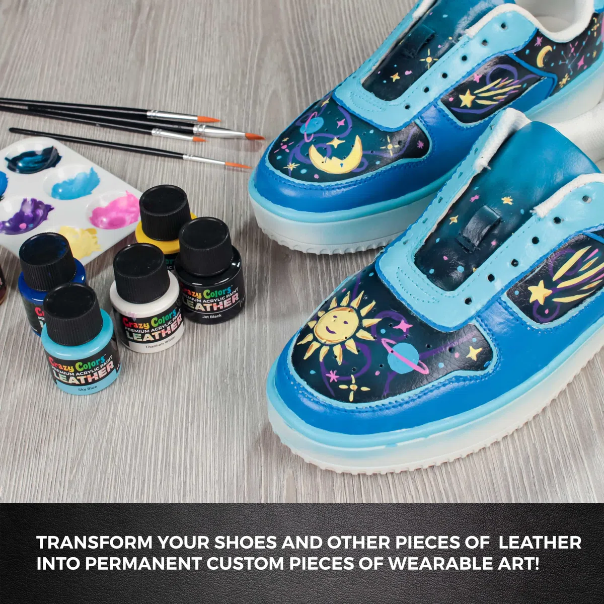Crazy Colors Kit de pintura acrílica de alta calidad para cuero y zapatos, 13 colores, desengrasante, juego de pinceles de 4 piezas, botellas de 1 onza, flexible, resistente a los arañazos, zapatillas