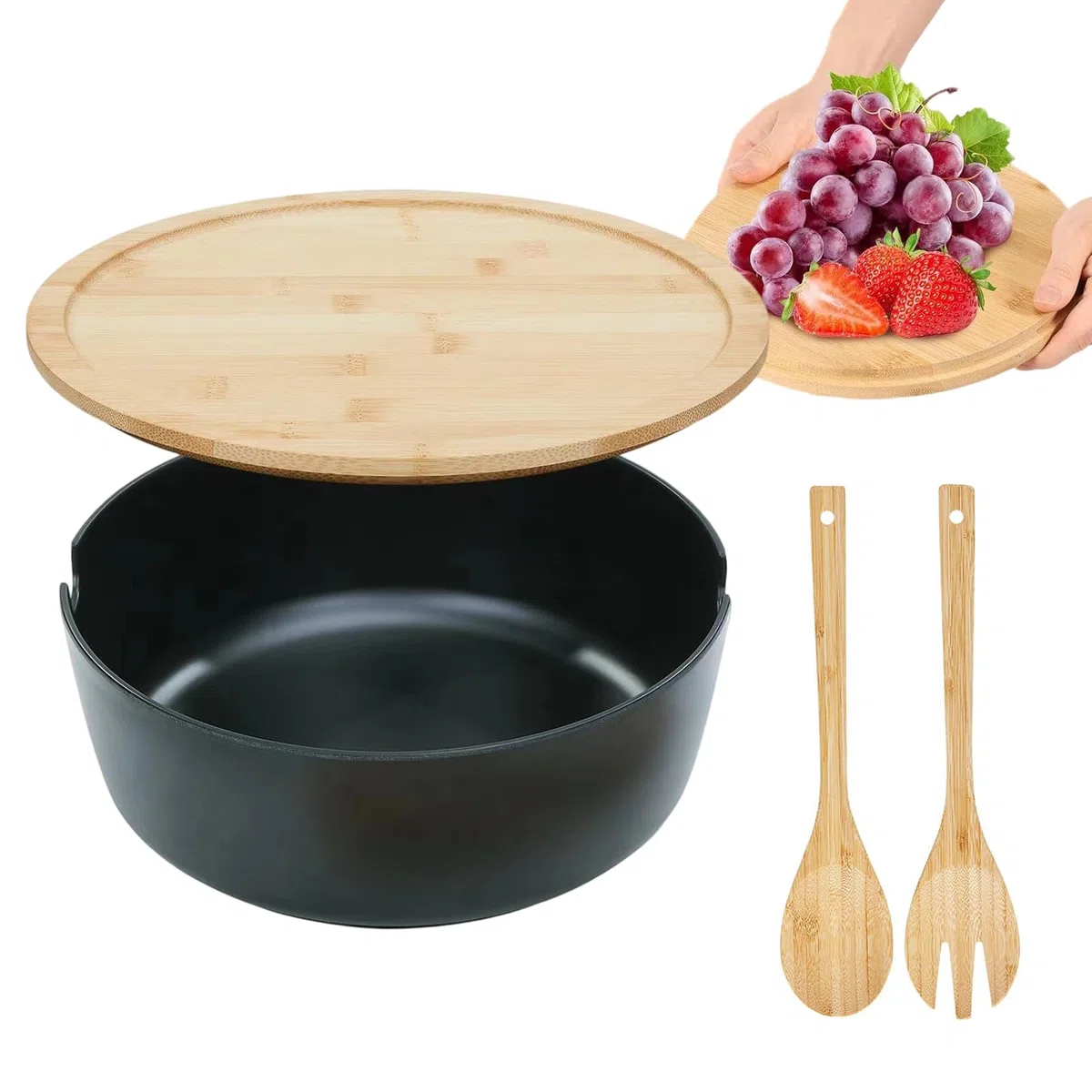 Ensaladeras Grandes Ensaladeras De Madera Vajilla Cuchara Tenedor | Boles Grandes para Ensaladas y Comer Frutas, Snacks, Pasta, Preparación de Comidas, , Camping, Barbacoa