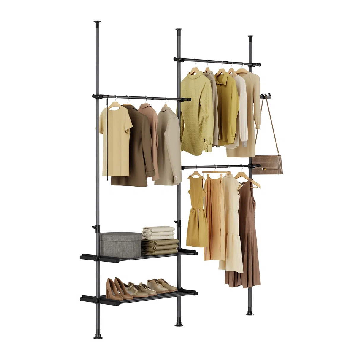 SoBuy barra telescópica perchero con estantes, dormitorio | Armario abierto ajustable para ropa, perchero resistente para vestidor y dormitorio, diseño negro, FRG34-II-SCH