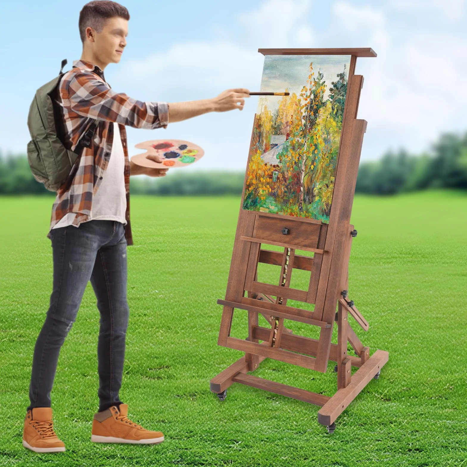 Caballete de estudio para pintar madera maciza artista profesional caballete con ruedas pintura arte soporte, 140-300 cm rango de ajuste de altura, horizontal y vertical
