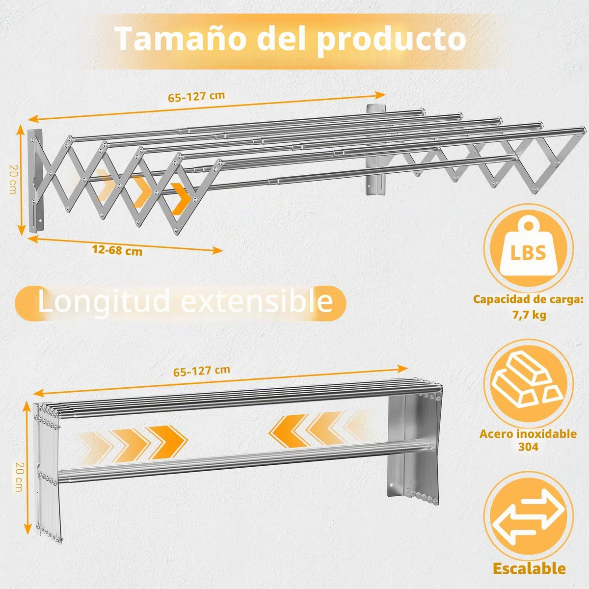 OUUTMEE Tendedero de pared de acero inoxidable extensible, área telescópica frontal y trasera: 12~68cm, con siete varillas de tracción, capacidad de carga 7.5kg (Plata)