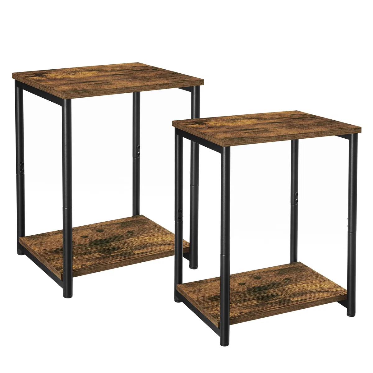 VASAGLE Juego de 2, Mesa de Sofá, Mesa Auxiliar de 2 Niveles, Mesita de Noche con Marco de Acero, para Salón, Dormitorio, Estudio, Marrón Rústico y Negro Tinta LET272B01