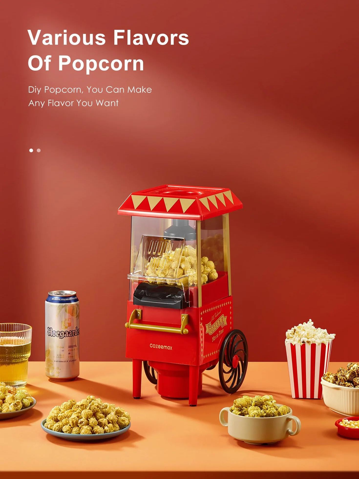 Palomitero, 1200W Vintage Máquina de Palomitas con Gran Capacidad, máquina de hacer palomitas dulces Aire Caliente Sin Grasa AceitaLibre de BPA, Rojo