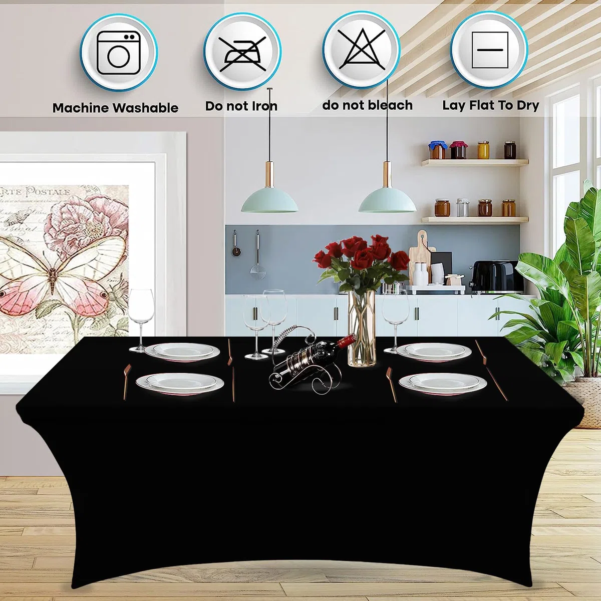 Heochy Paquete de 2 manteles rectangulares de elastano negro, protectores de mesa ajustables para eventos, cócteles, bodas, banquetes o fiestas