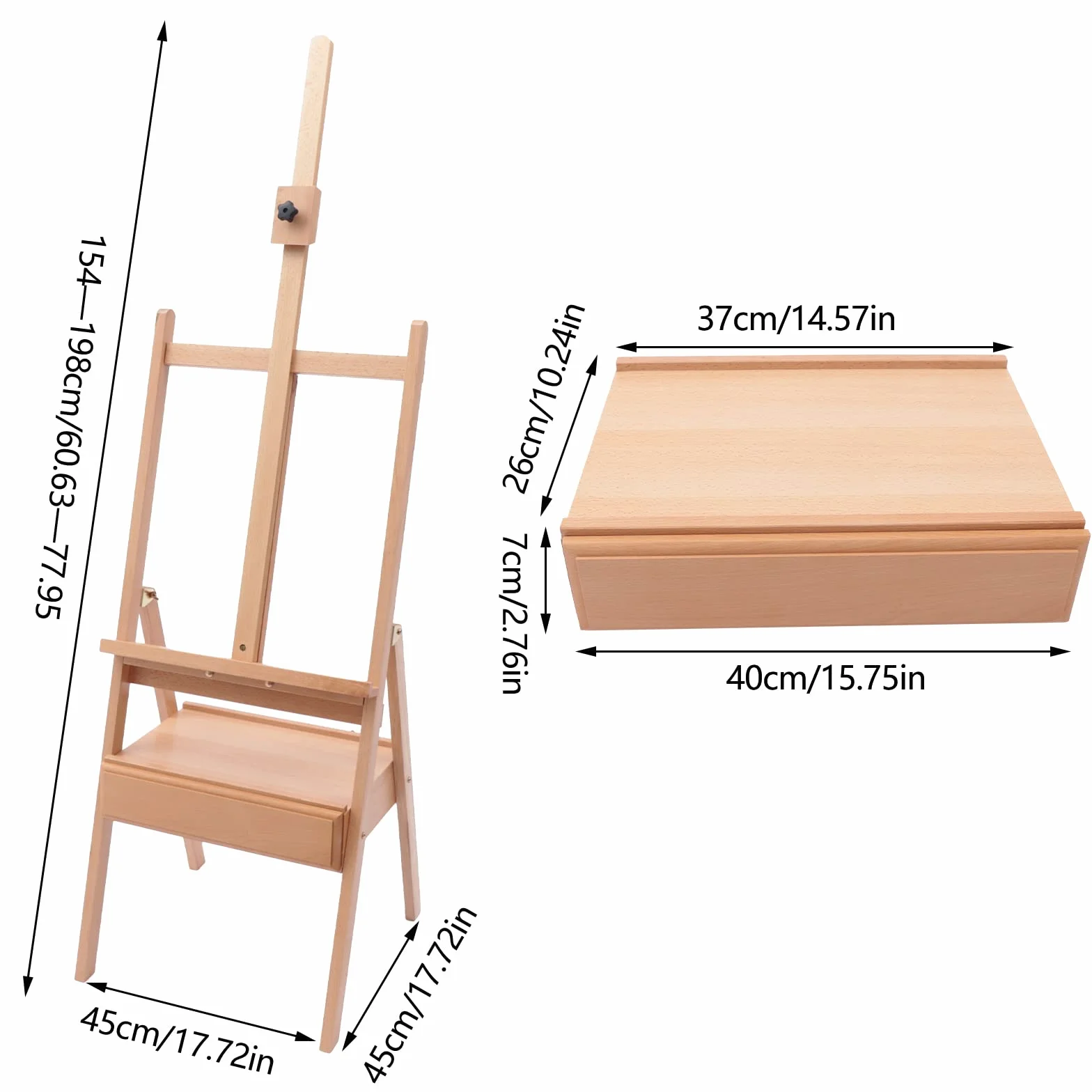 Caballete plegable de madera grande, caballete francés con caja de pintura, caballete de estudio grande para lienzos de hasta 90 cm de altura, caballete con marco en H para artistas, niños
