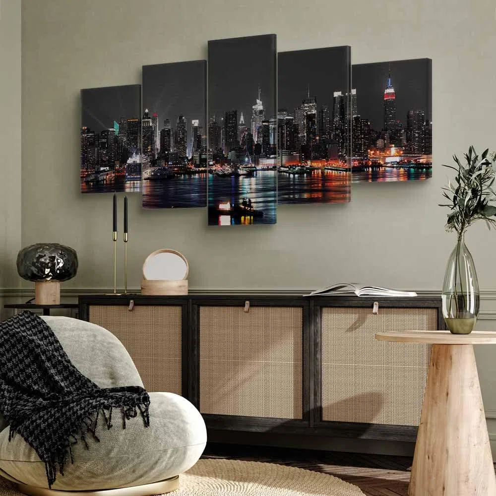 Cuadros B&D XXL - Cuadro en Lienzo New York City 225x112 cm Impresión de 5 Piezas Material no Tejido decorativo Cuadros Grandes Para Dormitorios Impresión de Pared Noche Nueva York d-A-0022-b-n