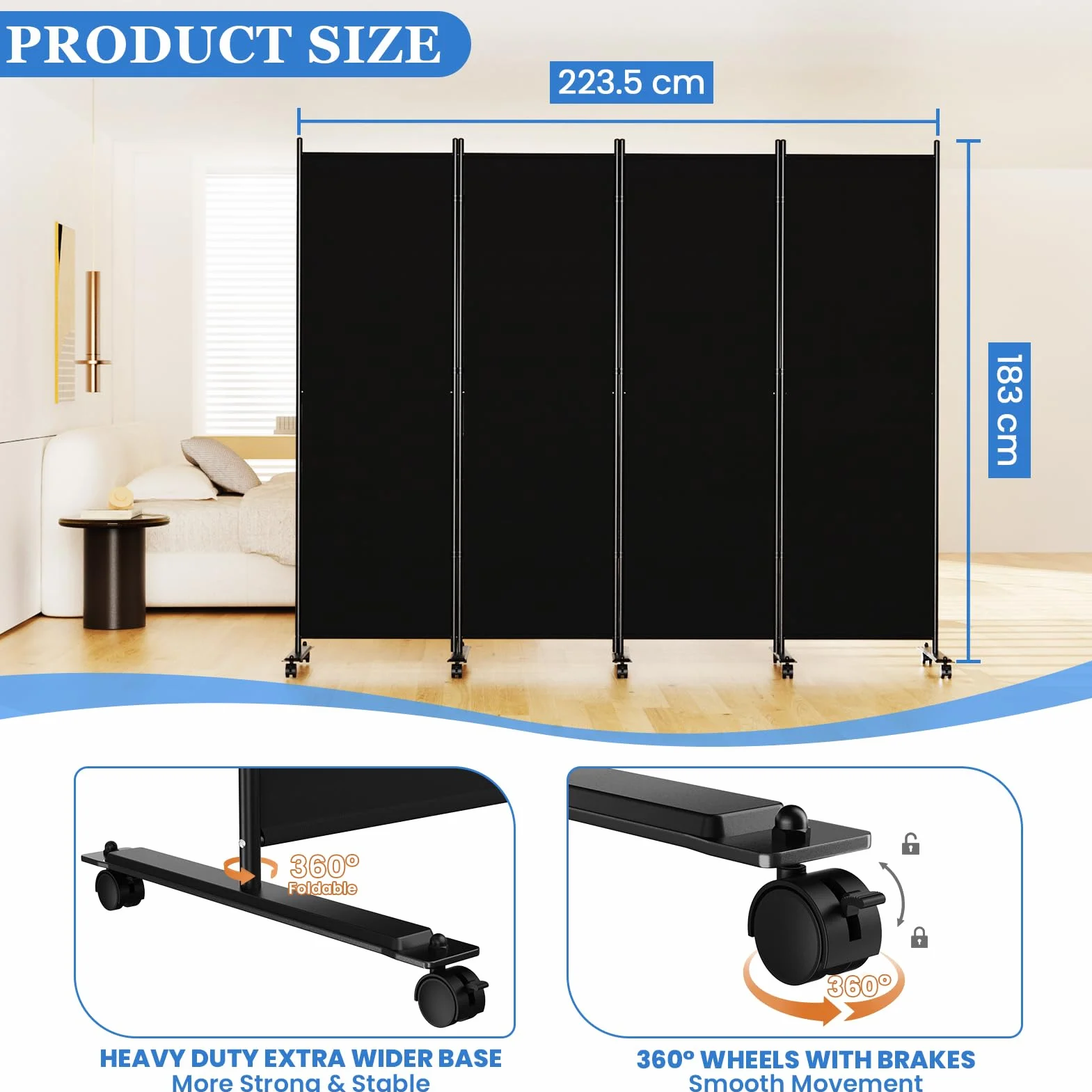 WELDUN Divisor de habitación de 4 paneles de 183 cm, pantallas plegables de privacidad con ruedas bloqueables, división de habitación para separador de habitaciones, separadores de pared de tela