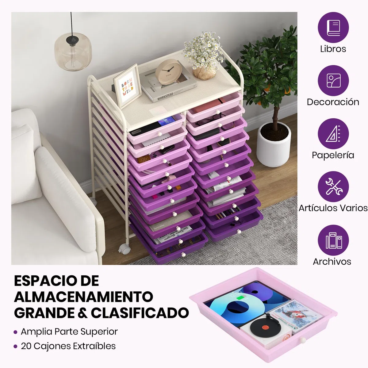 GOPLUS Carrito Auxiliar con 4 Ruedas, Carro de Servicios con 20 Cajones, 2 Ruedas con Frenos, Carro de Almacenamiento de Estructura Metálica para Cocina Oficina Baño (Violeta)