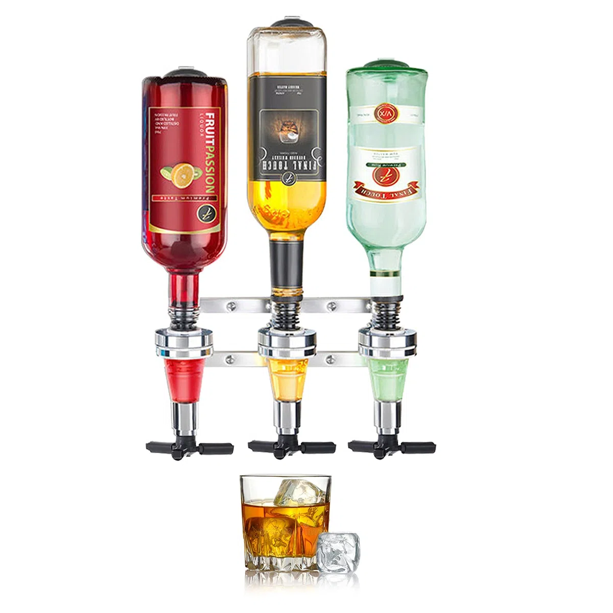 3 botellas ópticas para bar del hogar, soporte montado en la pared, dispensador de vino, juego de vasos Optic Spirit para bar de acero para el hogar y pub (3 botellas)