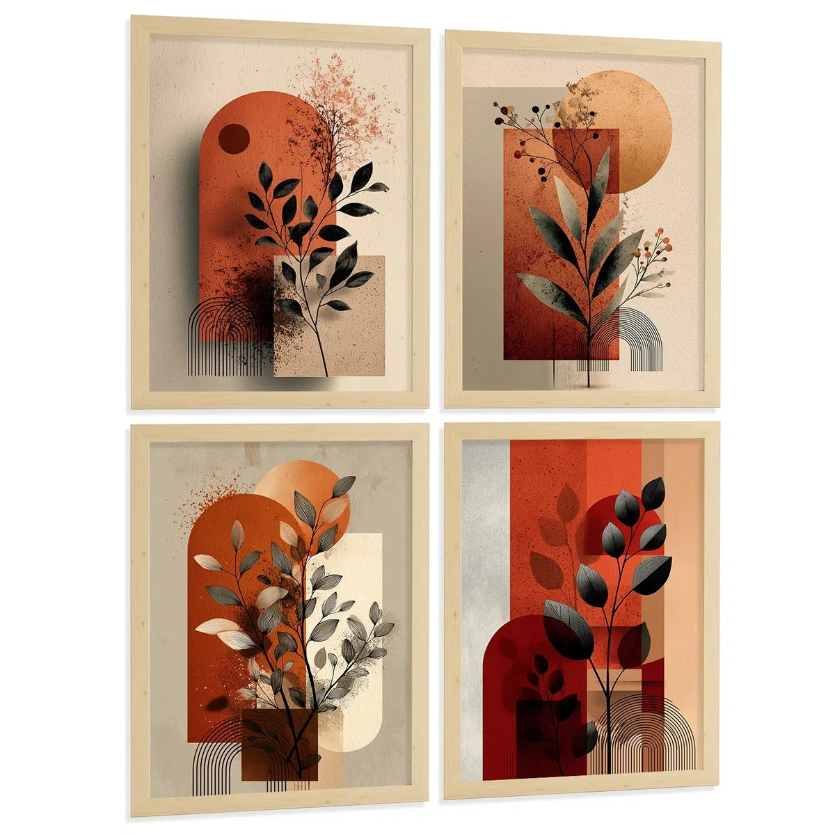 Nacnic Set De 4 Laminas Decorativas Flores Abstractas Cuadros Salon Modernos - Posters Decorativos Rojos Naranjas Decoración Dormitorios Cocina Baño A3 Marco Madera Clara
