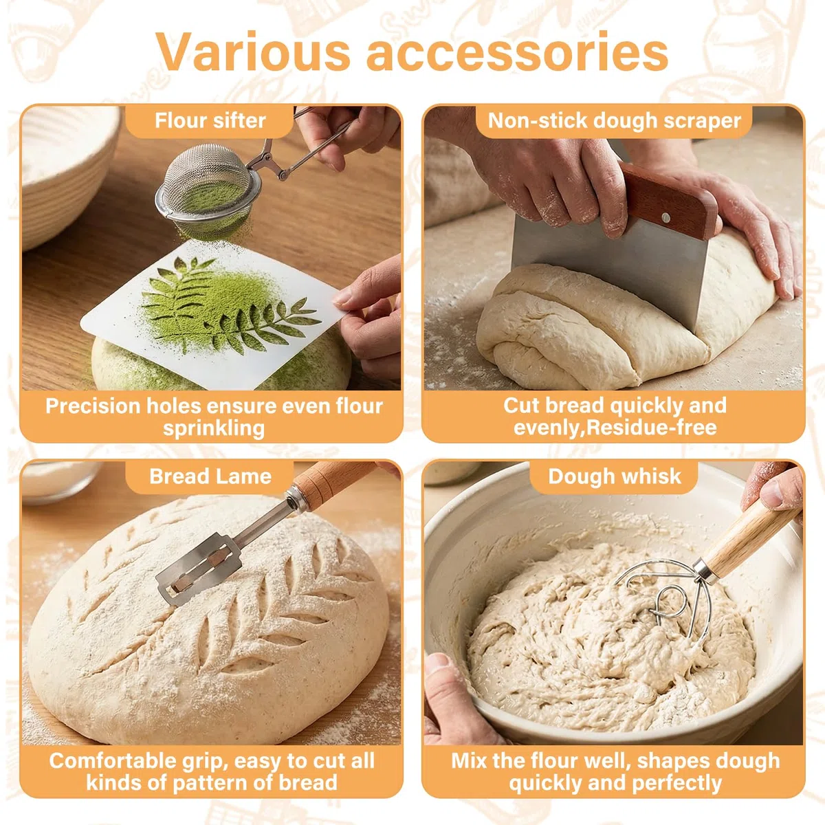 Banetones Para Pan, Cesta de Fermentación Pan de Redondo 23cm y Ovalado 25cm, Kit Completo Tarro de Masa Madre 900ml, Traje De Pan Fermentado De Agrio para Principiantes y Experimentados