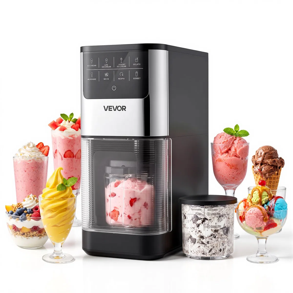 VEVOR Máquina para Hacer Helados 800 W, Heladera Casera con 7 Modos Preestablecidos, 2 Vasos de 0,5 L, Función de Mezcla con Un Solo Toque, para Preparar Gelato, Sorbete, Batido, Yogur Helado