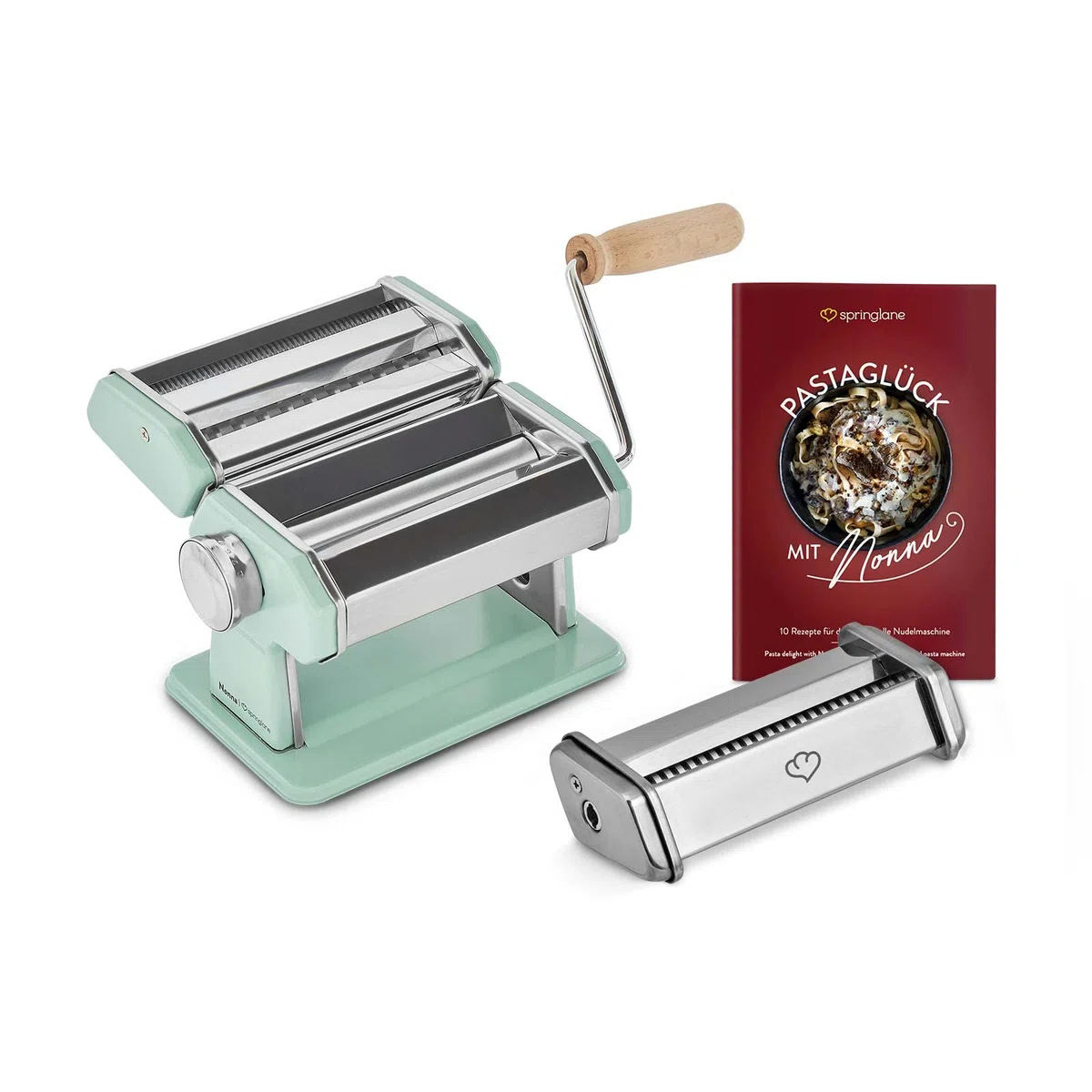 SPRINGLANE Máquina de fideos manual Nonna con Accesorio para linguine, Acero inoxidable, Máquina para hacer pasta, incluye secador de pasta y 3 accesorios para cortar espaguetis, lasaña, tallarines