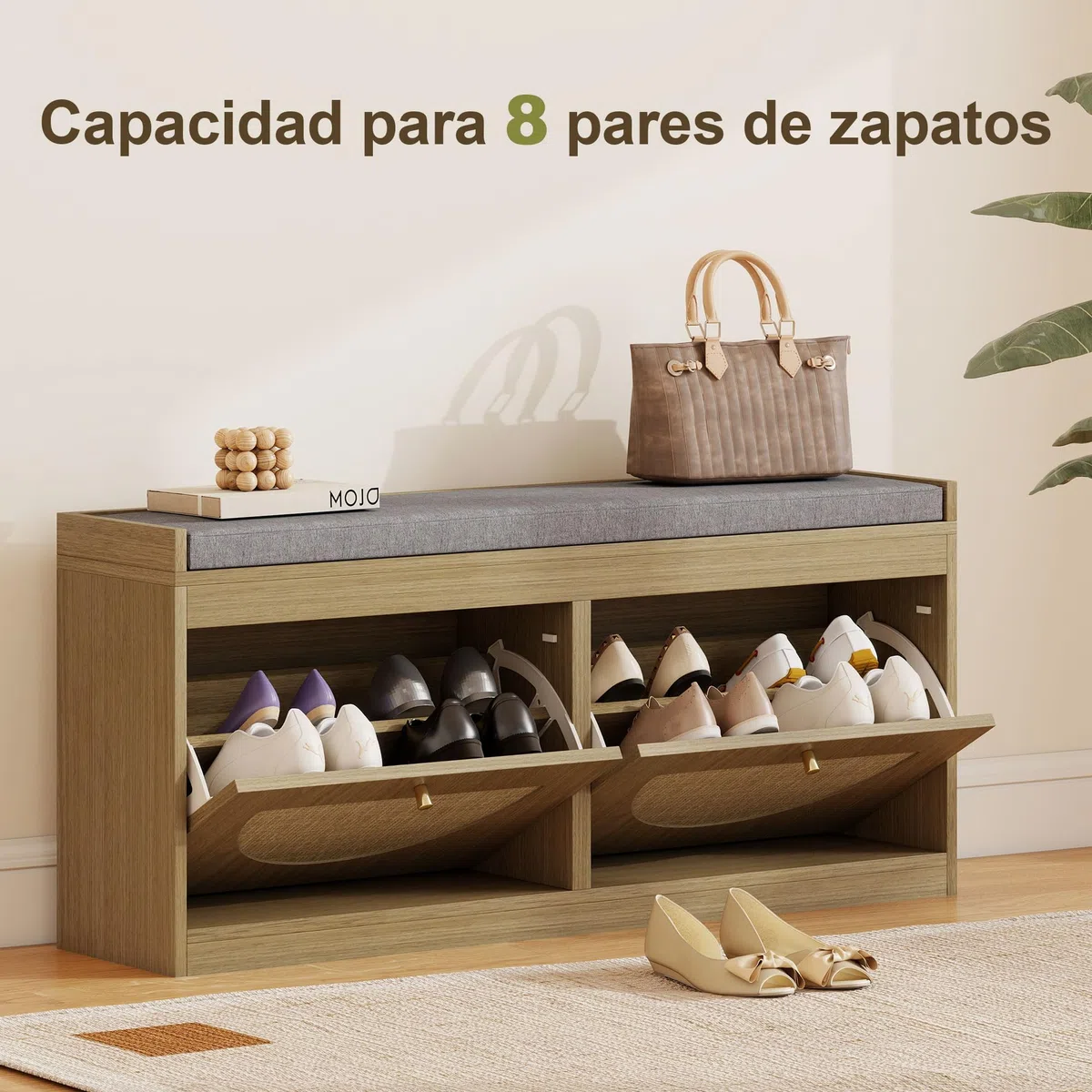 HOMCOM Banco Zapatero Bohemio con Asiento Acolchado 105x35x47 cm Natural | Banco Recibidor, Puertas Frentes de Ratán, Estante Ajustable, para 8 Pares de Zapatos, para Entrada