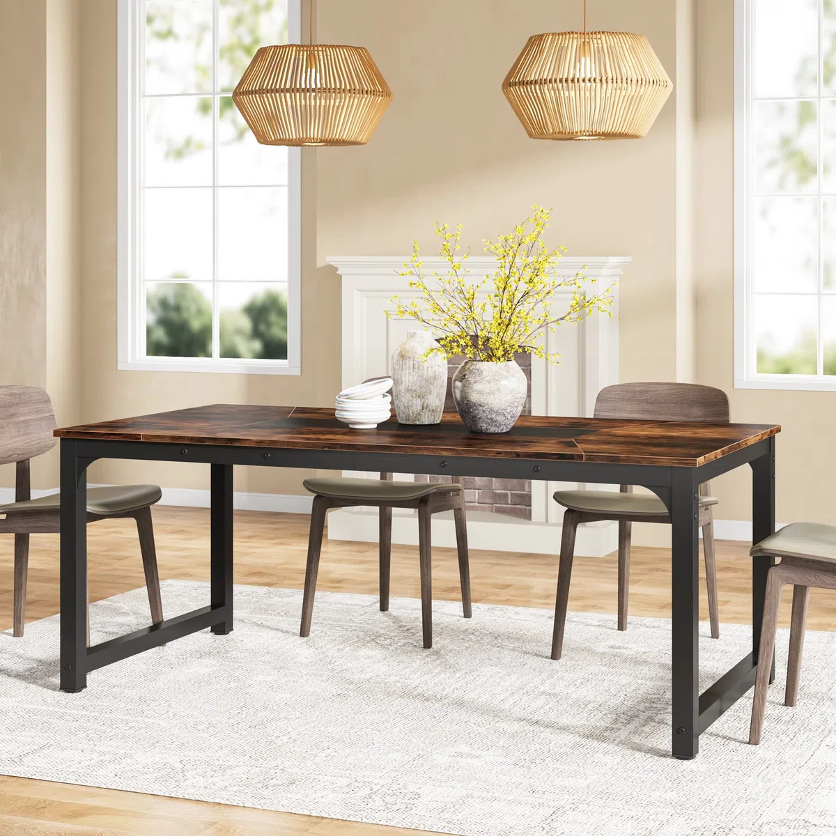 Tribesigns Mesa de Comedor Industrial para 6-8 Personas, 180 x 90 x 77 cm, Mesa de Comedor Rectangular para Comedor, Salón, con Patas de Metal Duraderas, Marrón Rústico