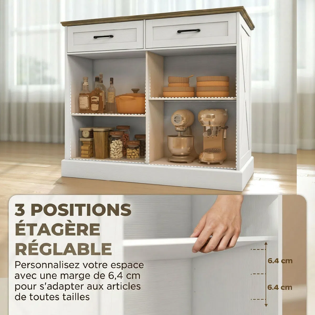HOMCOM Isla Central Cocina, Aparador Cocina, Mueble de Almacenamiento con 2 Cajones, 2 Puertas Corredizas y Estante Ajustable, Estilo Rústico, 106,4 x 57 x 92 cm, Blanco y Marrón