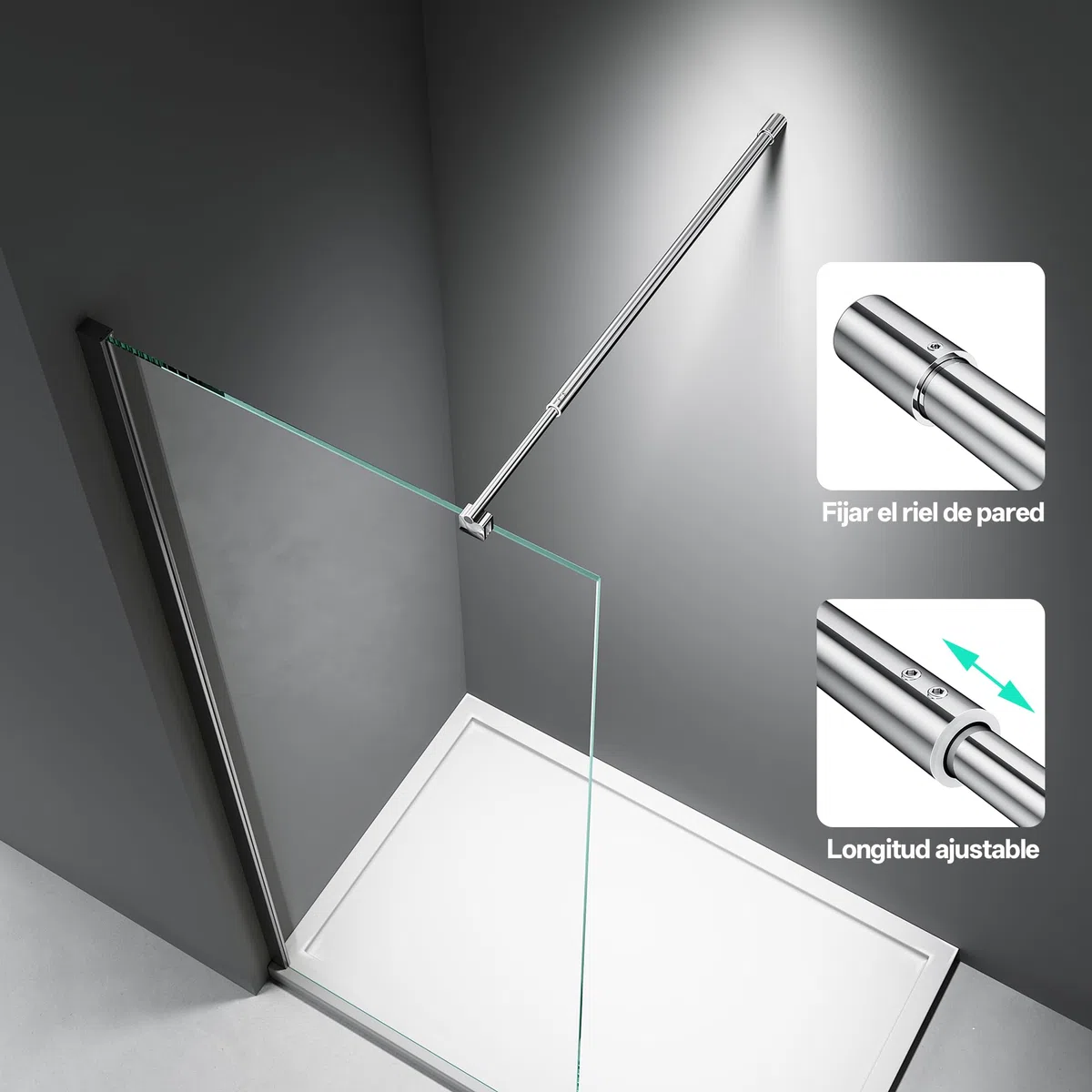 Barra de soporte telescópica de pared para mampara de ducha, ajustable de 68,5 a 127,8 cm (desde la pared hasta el borde interior del vidrio), para vidrio de 6-10 mm, cromo | Fabricado con acero inoxidable 304, adecuado para vidrio de 6-10 mm y permite un