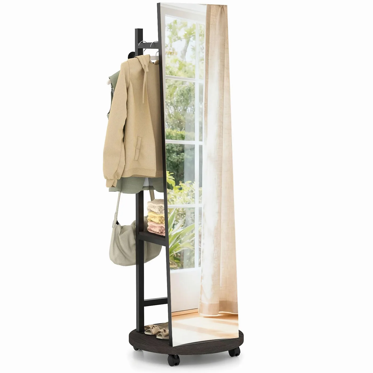 GIANTEX Perchero con Espejo de Cuerpo Entero, Árbol para Colgar Ropa con Vidrio Irrompible, Ganchos, Estantes de Almacenamiento y Ruedas con Freno, para Entrada, Sala y Dormitorio (Negro)