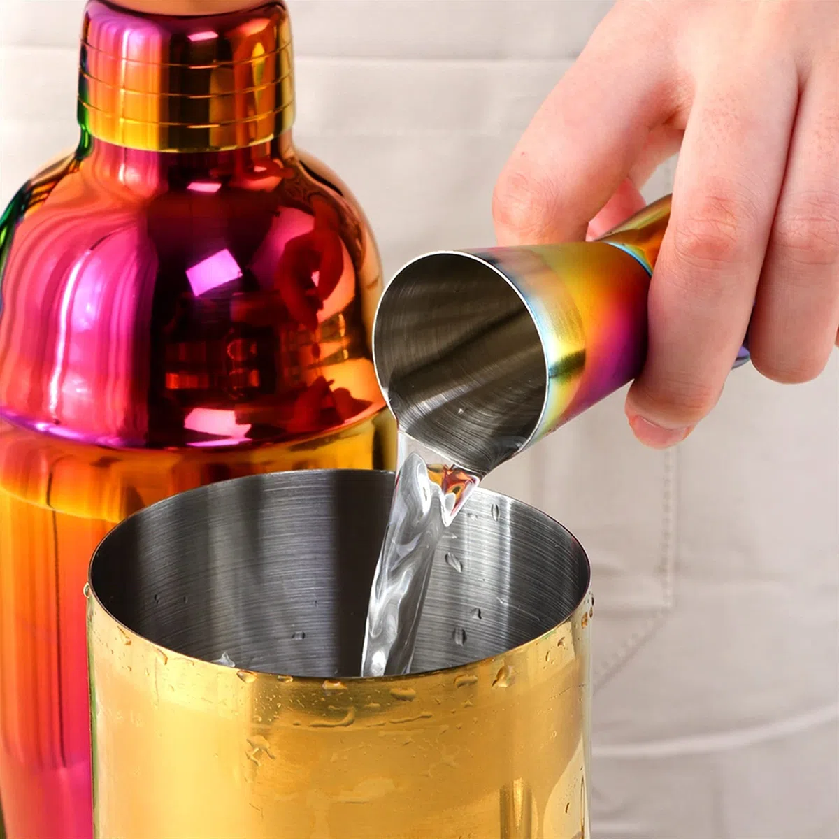 Juego de Coctelera 750 ml Cóctel Shaker Acero Inoxidable Boston Cóctel Conjunto Shaker Steer Voulters Gold Bar Herramienta Conjunto con Striador Mida Cup Bartender Agitador de Cócteles