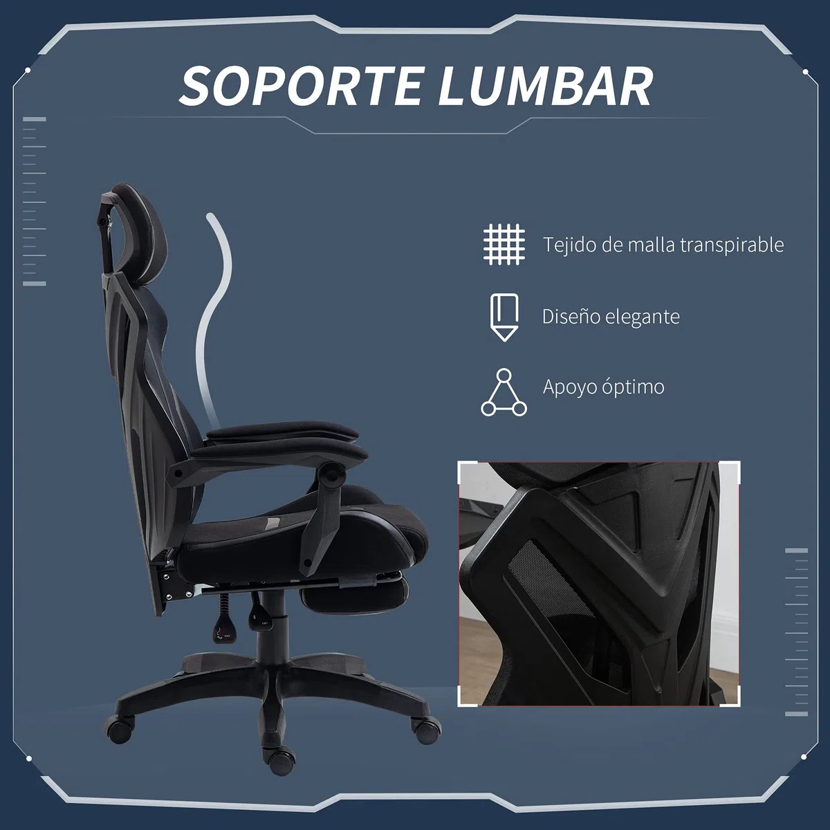 Vinsetto Silla Gaming con Reposapiés Retráctil 65x65x119-129 cm Negro | Silla de Oficina Giratoria Reclinable, con Reposacabezas, Altura Ajustable