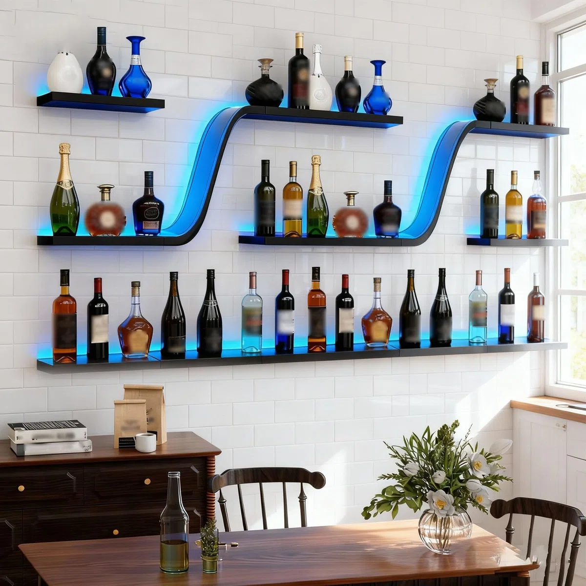 Botellero de Vino Montado en la Pared con Luz LED, Estantes de Vino Decorativo de diseño curvo moderno, 3 Niveles Estante para Exhibición De Vinos, para Bar doméstico, Cocina, Catering (negro, 150cm)