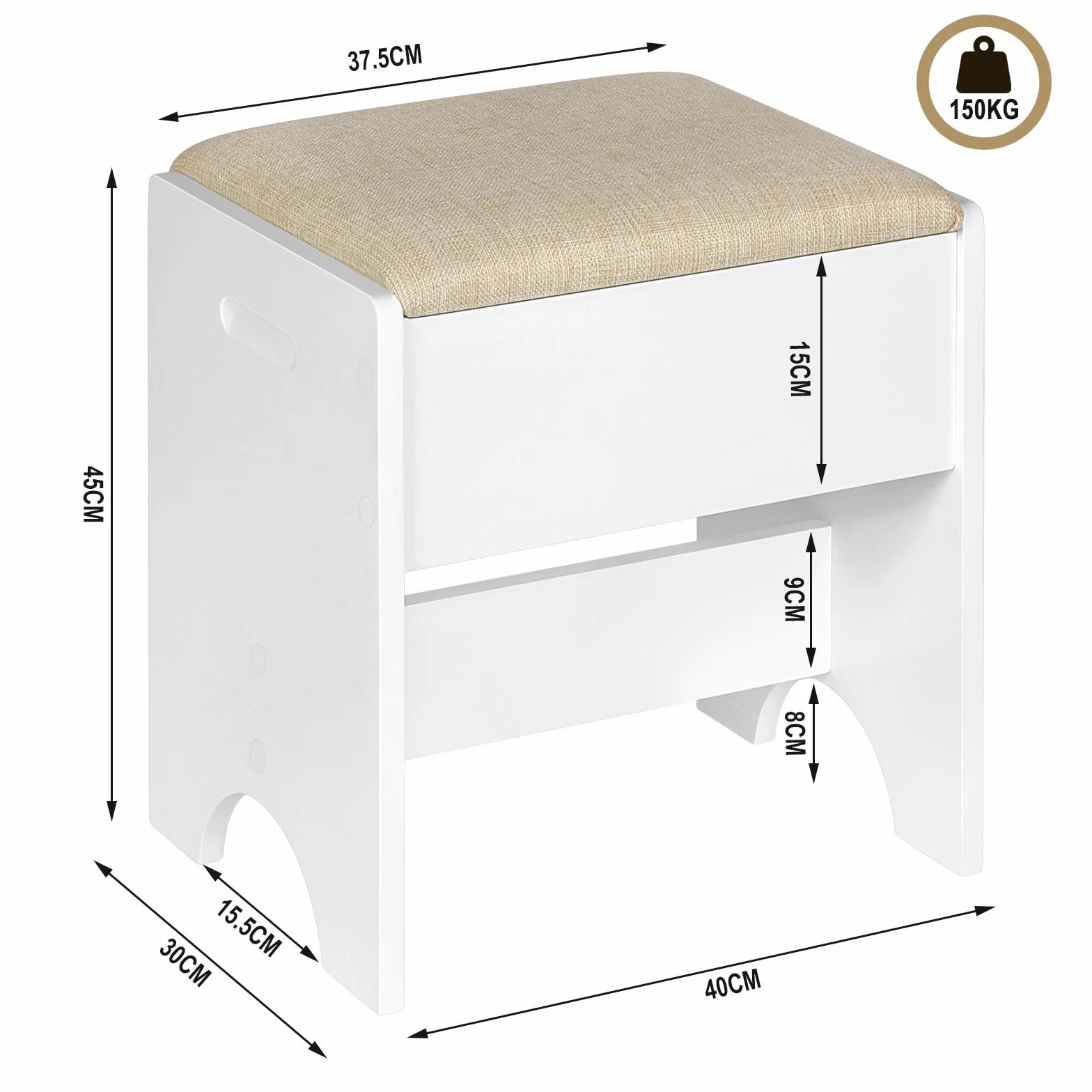 WOLTU Taburete Tocador, Taburete Maquillaje para Dormitorio, Silla Tocador con Asiento Tapizado en Lino Transpirable, Estructura MDF E1, 40x30x45cm, Beige+Blanco, MB6098be