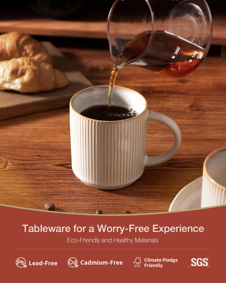famiware Juego de tazas de café para 6, tazas de catering de 12 onzas con asa para café, té, cacao, leche, capuchino blanco