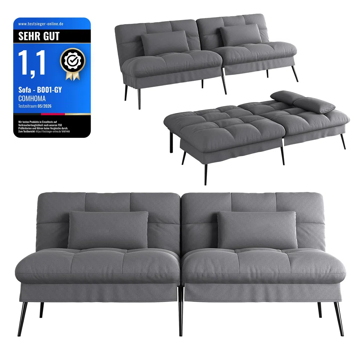 COMHOMA Sofá Cama con función de sueño, Funda de futón, sofá Cama, sofá esquinero, sofá Cama de Invitados, sofá de 3 plazas, con Respaldo Ajustable de Tela Gris