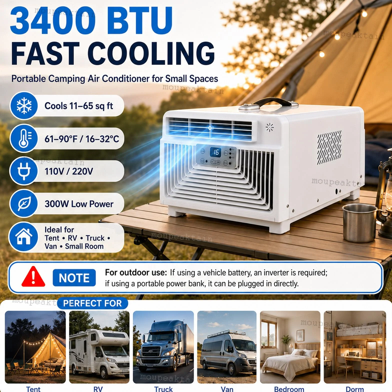 Aire Acondicionado Portátil 220V, 3400 BTU para Camping, Tienda y Autocaravana, 3 en 1 con Frío, Deshumidificador, Ventilador, Mando a Distancia, Temporizador 12H y Tubo de Escape