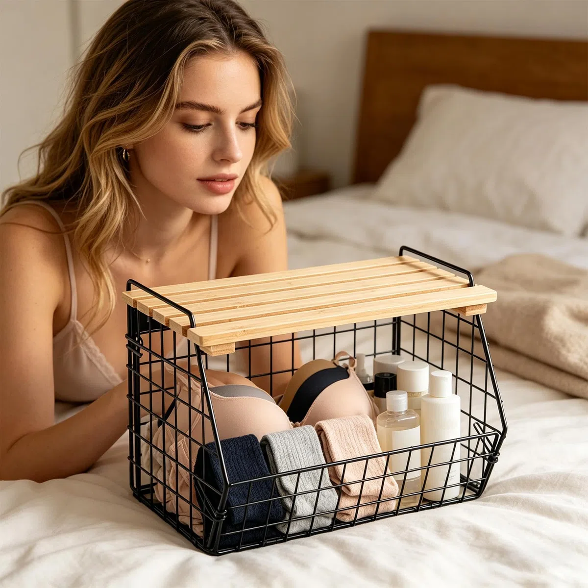 Cesta de alambre de almacenamiento, contenedor montado en la pared para uso en la cocina, marco de hierro con tapa de madera, función de diseño apilable, accesorio de fácil organización, adecuado para