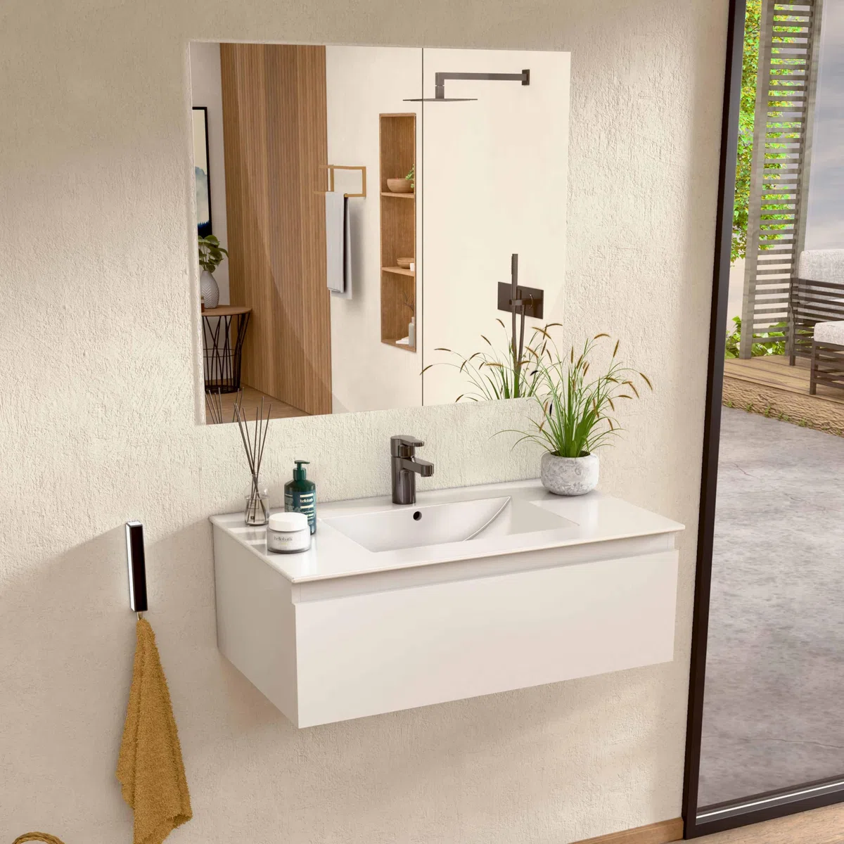 BELLOBATH Mueble Baño Suspendido 80 cm Blanco, Encimera y Espejo