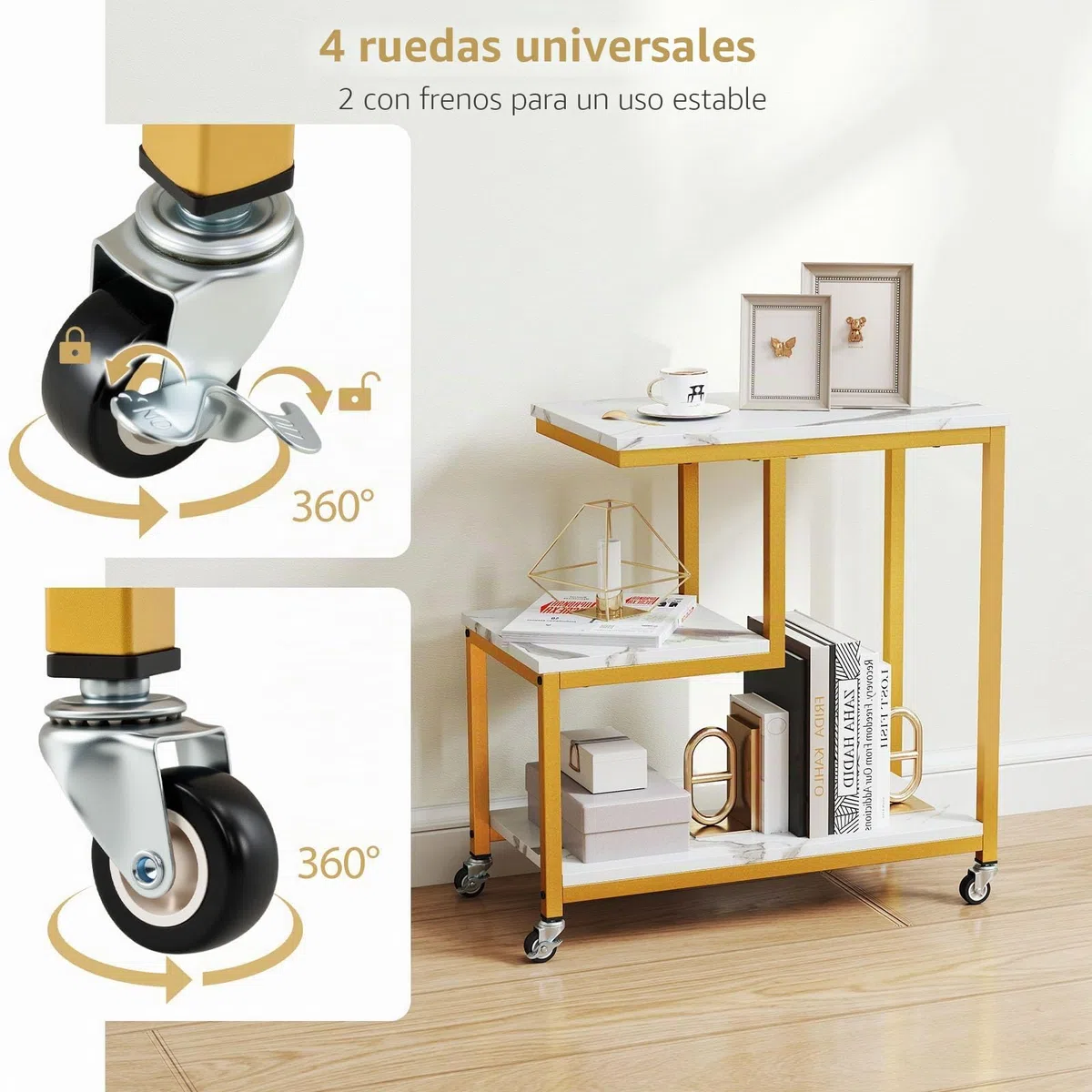 LIFEZEAL Mesa Auxiliar con 4 Ruedas, con Efecto mármol, Mesita de café móvil, Mesa Lateral Decorativa con 3 estantes, 59 x 30 x 61 cm (Blanco)