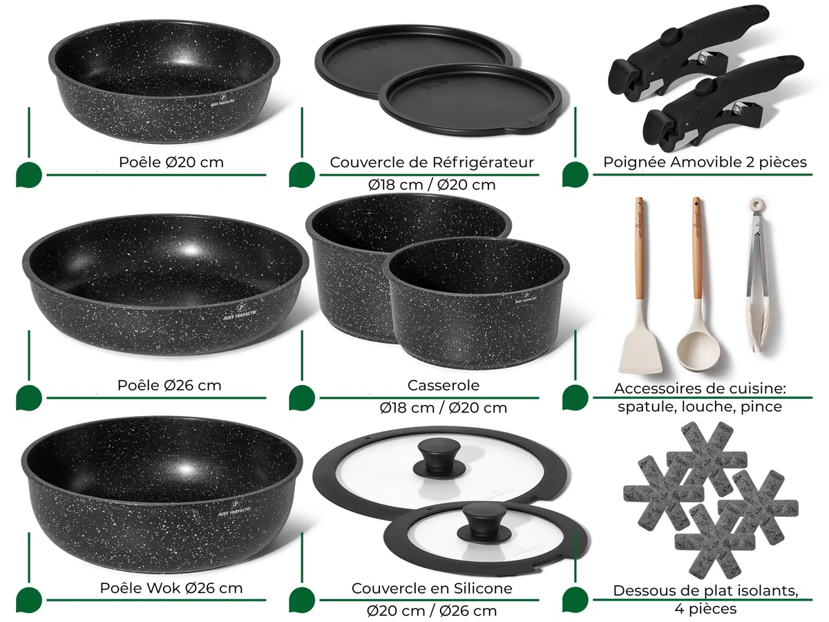 Juego de Cocina Antiadherente 18 Piezas – Ollas y Sartén con Mango Extraíble – Apto para Inducción – Sin PFOA – Fácil de Lavar a Mano (Negro)