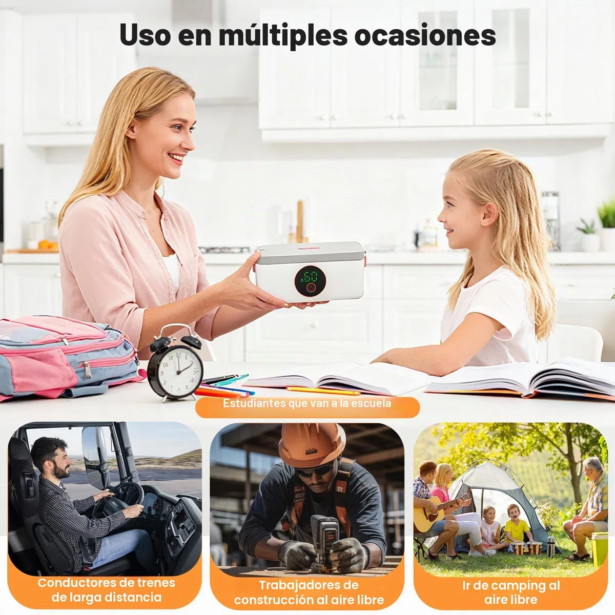 Fiambrera eléctrica con batería 16000mAh 1L Fiambrera calefacción inalámbrica para adultos función de calentamiento automático, Fiambrera calefacción por USB, Contenedor interior de acero inoxidable