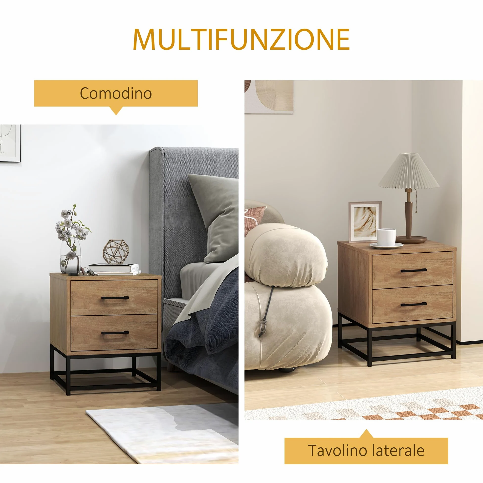 HOMCOM Juego de 2 Mesillas de Noche con 2 Cajones, Pareja de Mesillas de Noche de Estilo Industrial en Madera y Acero, Mesillas Auxiliares para Sofá, Sala de Estar, Salón y Dormitorio, 40x39.5x48 cm, | Estilo industrial de madera y acero, mesas auxiliares