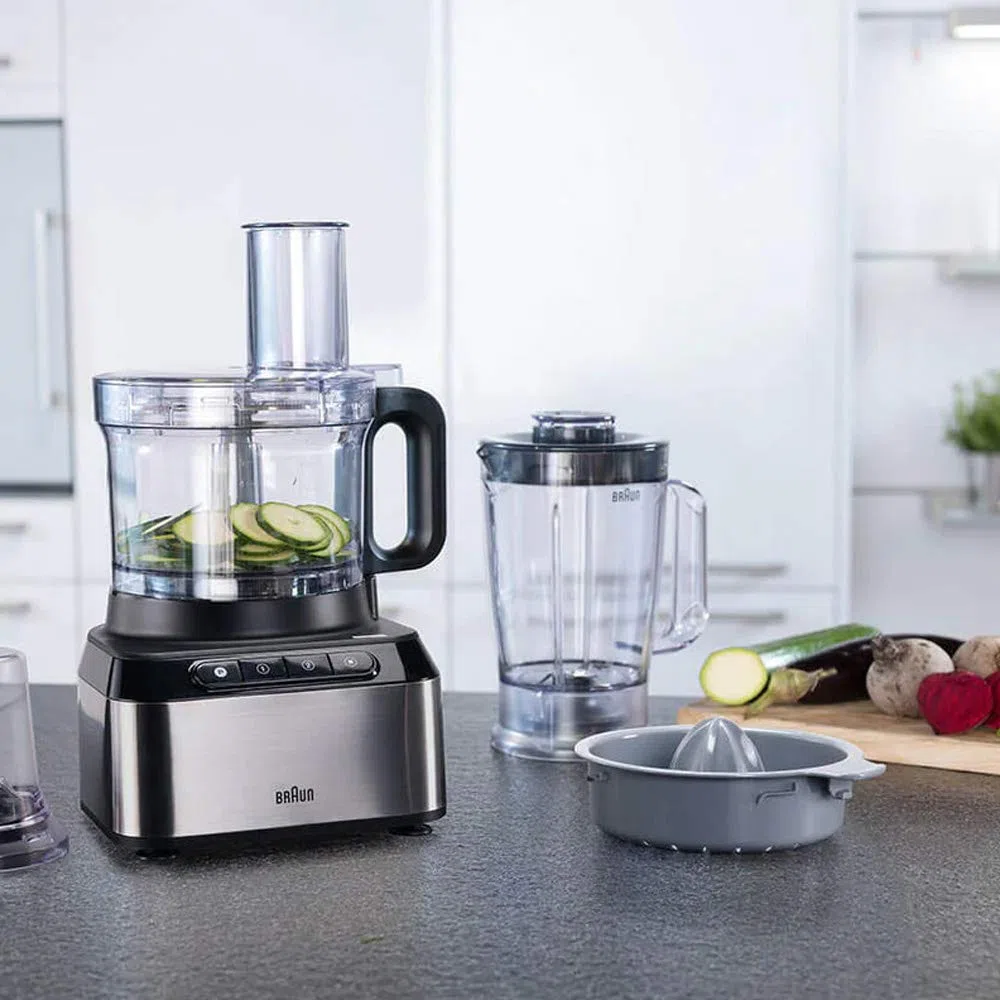 Braun PureEase FP3233SI - Robot de cocina compacto con batidora de vaso de 1,2 l y cuenco de 2,1 L, fácil de usar, 2 velocidades y función de pulso, compacto, sistema EasyClick, color plateado