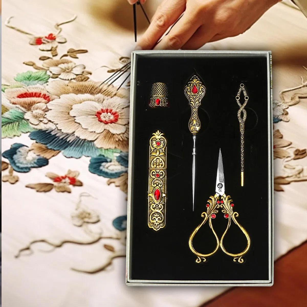 Kit de Bordado, Kit de Costura, Herramientas de Costura, Estuche Portátil para Agujas, Juego de Tijeras de Costura, Tijeras de Sastre para Manualidade, Oro, Individual