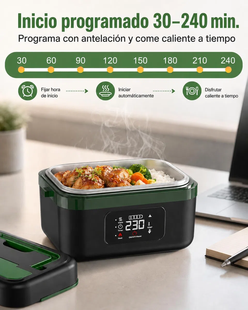 LANMOU Fiambrera Eléctrica Sin Cables 1L, Batería 16000mAh, Acero Inox 304 | Tupper Eléctrico Recargable Usb-C, 6 Temperaturas, Temporizador, Para Coche Camión Oficina Y Trabajo, 60w
