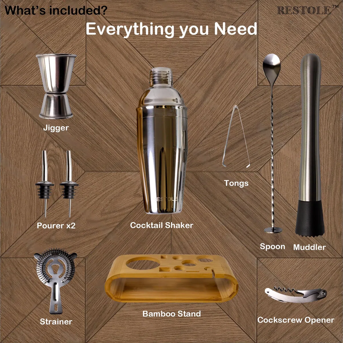 Juego de camarero: kit esencial de 10 piezas para hacer cócteles perfectos en casa, bar, salón y fiesta. Coctelera plateada de 24 onzas y un soporte de madera incluido.