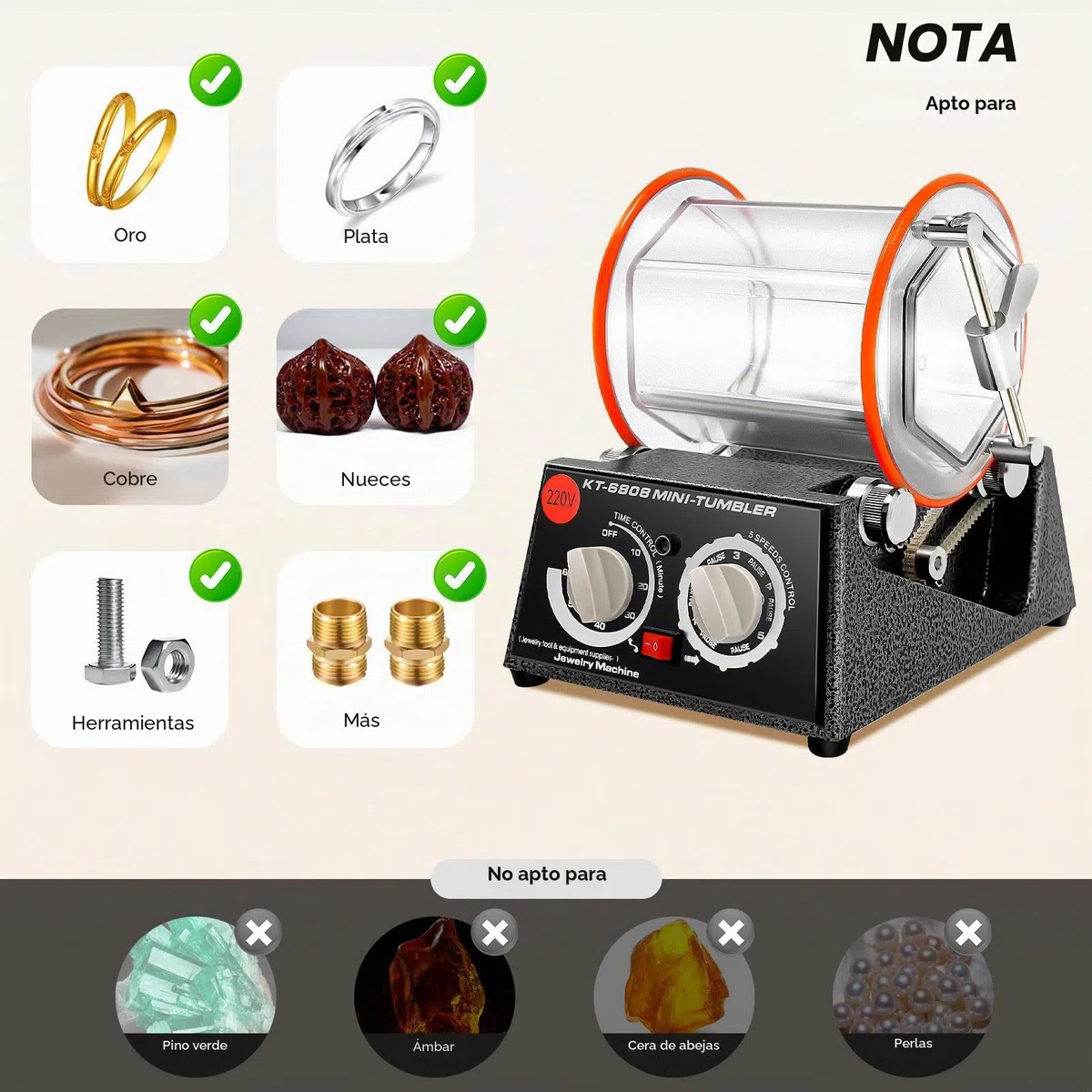 Pulidora de 3 kg 220 V, tambor de pulido, molinillo de bolas con motor de 60 W y temporizador, 5 niveles de regulación de velocidad (500 – 3000 rpm), barril transparente para joyas, monedas, piezas