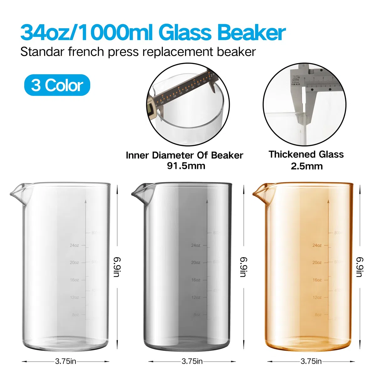 Vaso de vidrio de repuesto de prensa francesa de diseño universal estándar de 34 onzas, se adapta a la mayoría de las marcas de cafeteras de prensa francesa (1 cuarto / 1000 ml / 5-6 tazas) prensa de