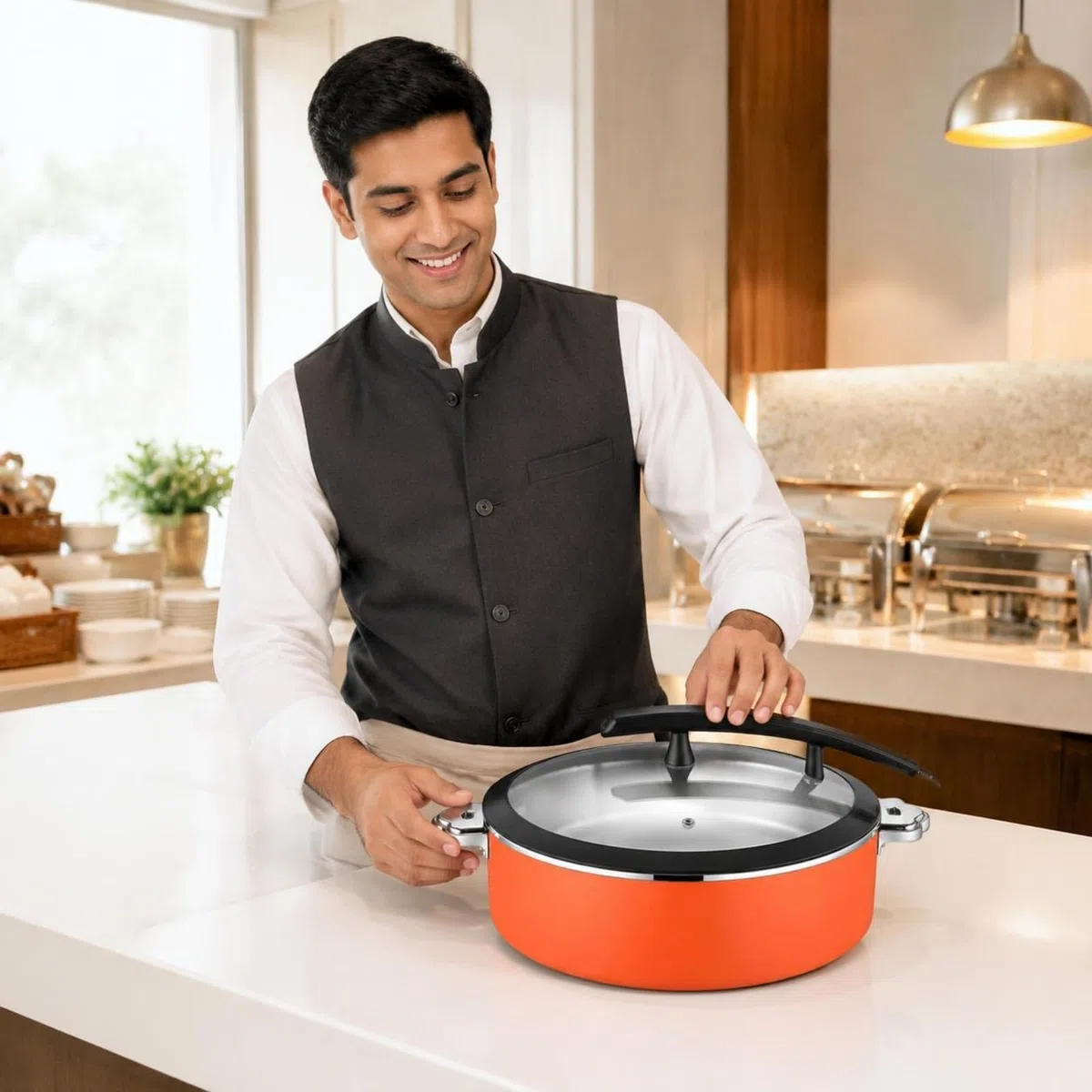 Servidor de Buffet de Acero Inoxidable Conservación del Temperatura Fuente Calentadora Uso Comercial Calentador Buffet Redondo para Catering, Naranja, 38CM